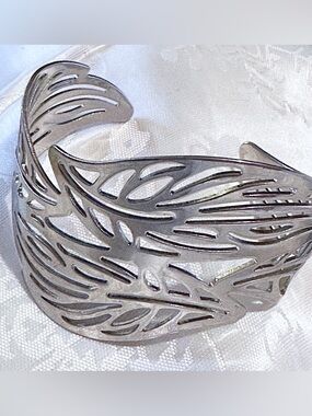 Sterling-Tone Silver Leaf Cutout Cuff Bracelet